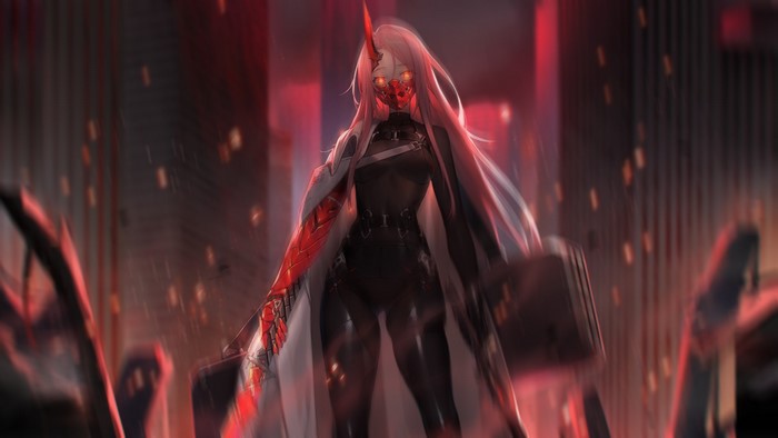 Anime girl with pink hair, mask, and red eyes