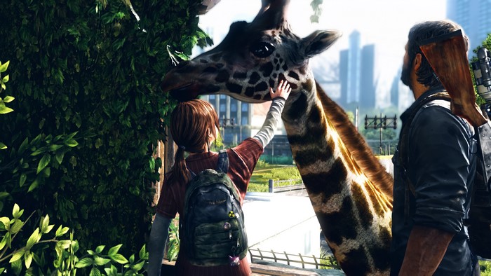 Ellie and Joel with giraffes in The Last of Us