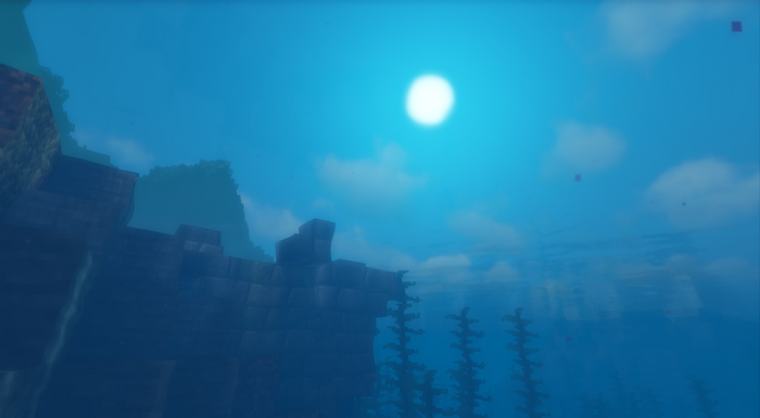 Underwater Minecraft landscape with sun and clouds
