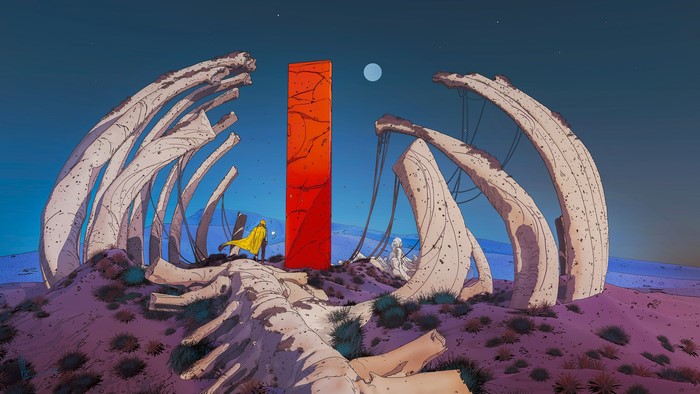 Fantasy art of a monolith and moon