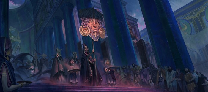 Fantasy art of a procession in a temple