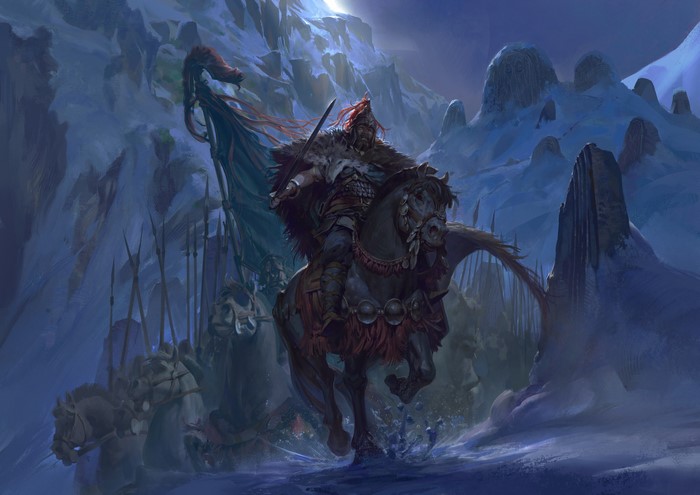 Warrior on horseback with banner in snowy mountains