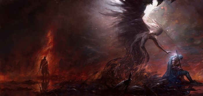 Angel reaching down to a warrior in a fiery landscape