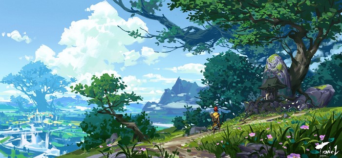 Digital art of a fantasy landscape with mountains and a city