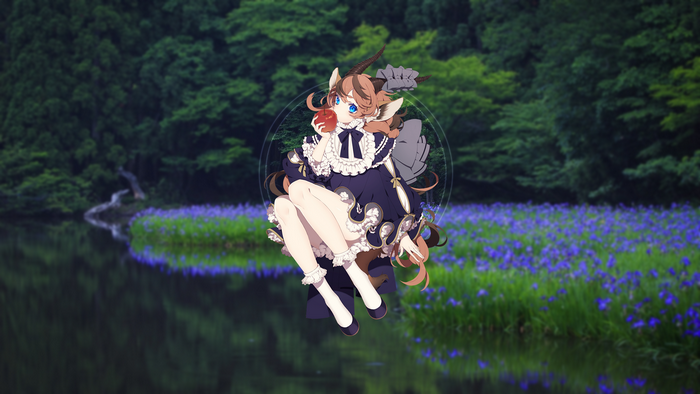 Anime girl with horns eating an apple by a lake