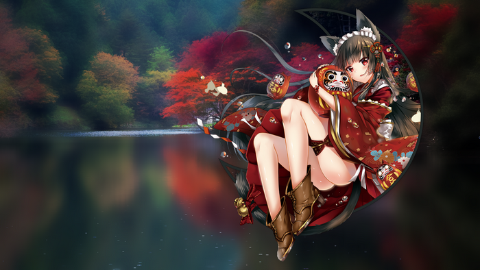 Anime girl with fox ears holding a Daruma doll
