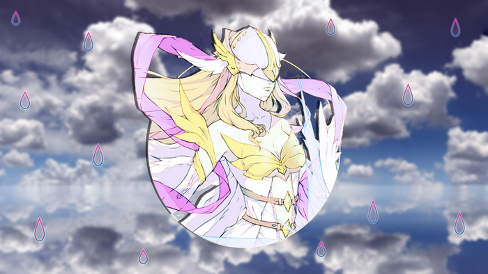 Angewomon from Digimon in a circular frame with rain