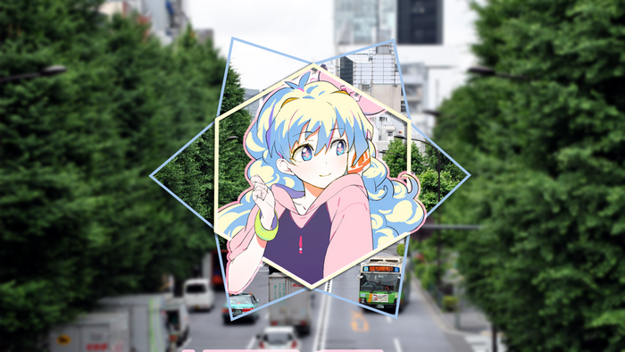 Anime girl in pink hoodie on a city street