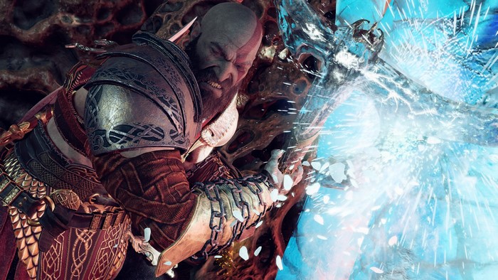 4K God of War Kratos fighting with an ice creature