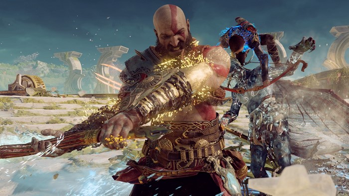 Kratos fighting a creature in God of War