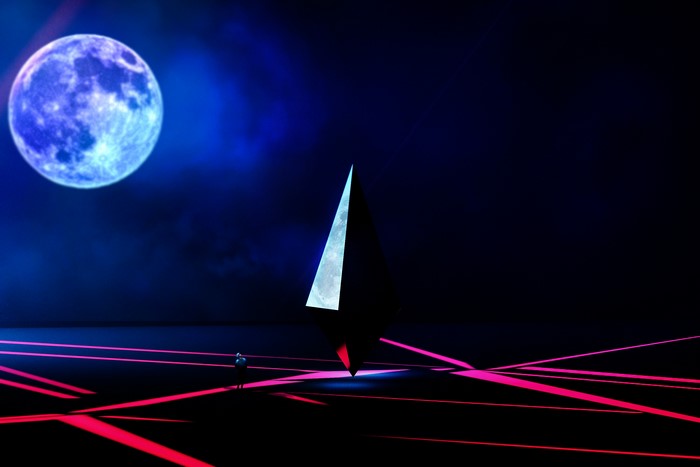 Abstract geometric shape with moon reflection on neon grid
