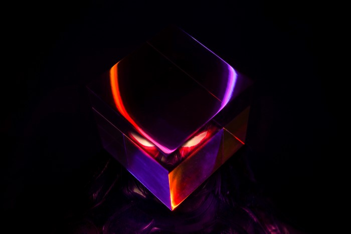 Abstract crystal helmet with red and purple lights