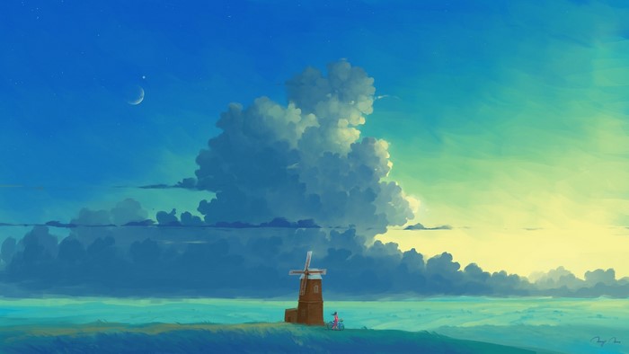 Digital painting of a windmill and two figures by the sea