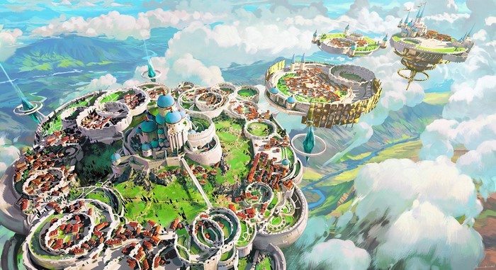 Fantasy floating cities with castles and villages