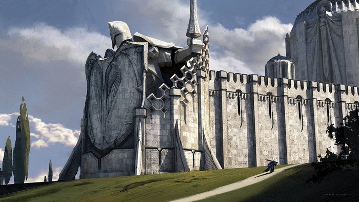 Fantasy castle with giant statues and a lone figure
