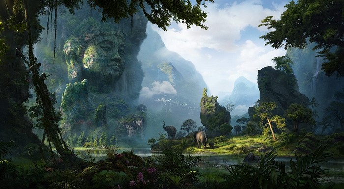 Digital art of a jungle with a giant stone face statue