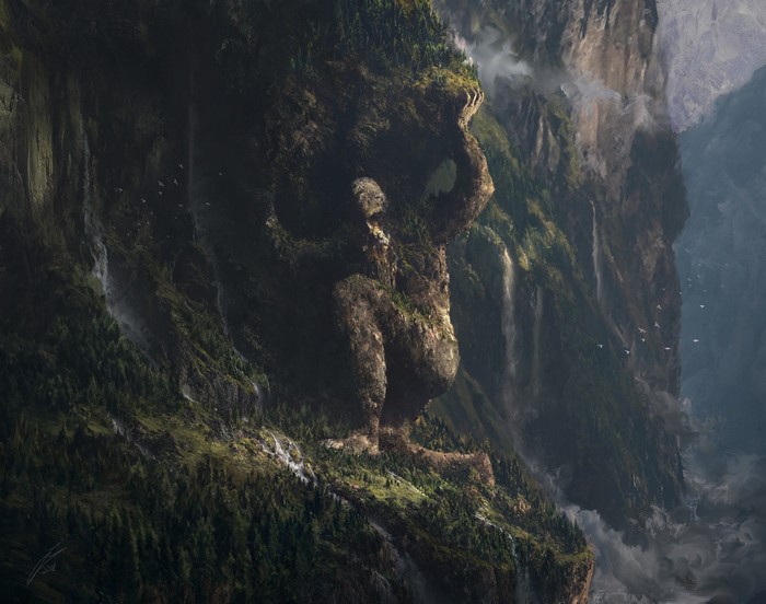 Giant moss-covered statue on a mountain cliff