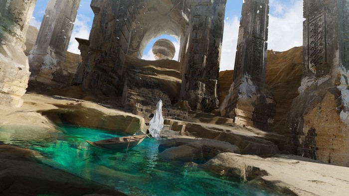 Ruins with a boat and a figure by Oksana Dobrovolska