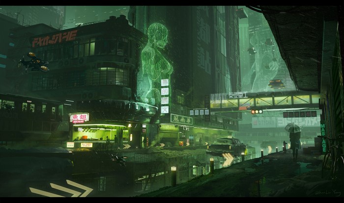 Cyberpunk city with holographic advertisement and flying vehicles