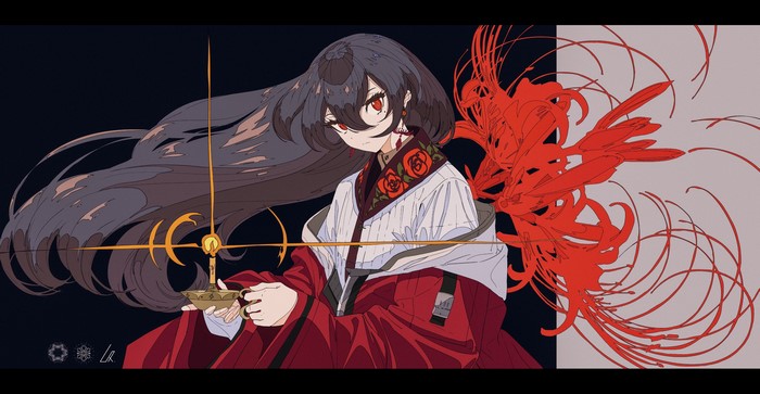 Anime girl with red spider lilies and golden orb