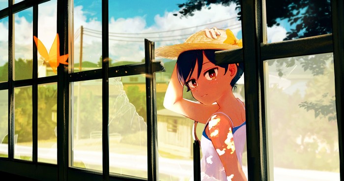 Anime girl with straw hat by a broken window