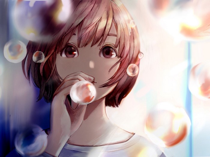 Anime girl with short brown hair blowing bubbles