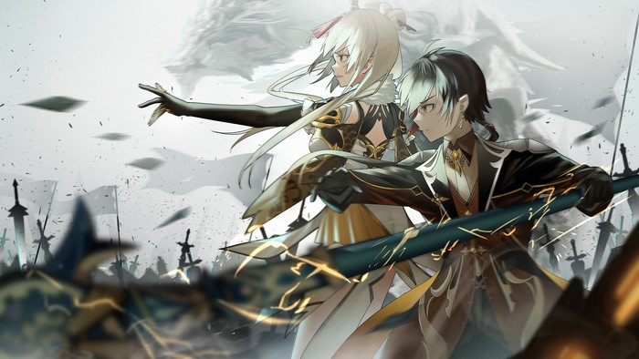 Ningguang and Zhongli from Genshin Impact in battle