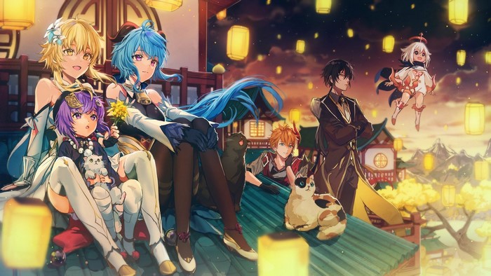 Genshin Impact characters Lumine, Ganyu, Qiqi, Tartaglia, Zhongli, and Paimon on a rooftop