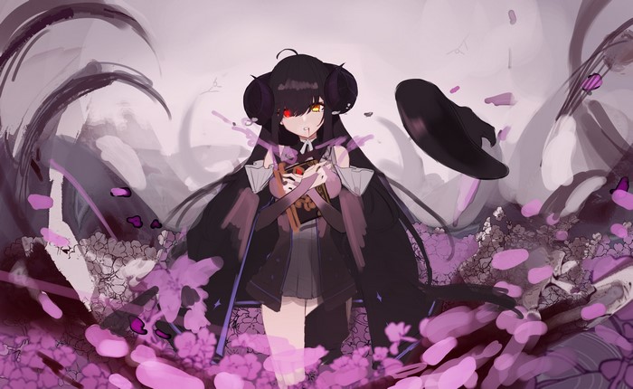 Anime girl with heterochromia and demon horns holding a book