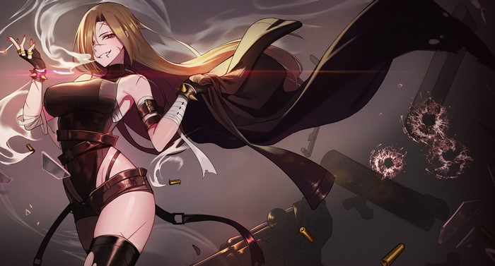 Anime girl with scars smoking, guns and bullet holes