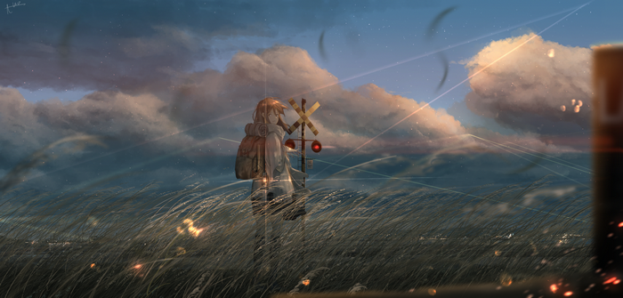 Anime girl with backpack at railroad crossing