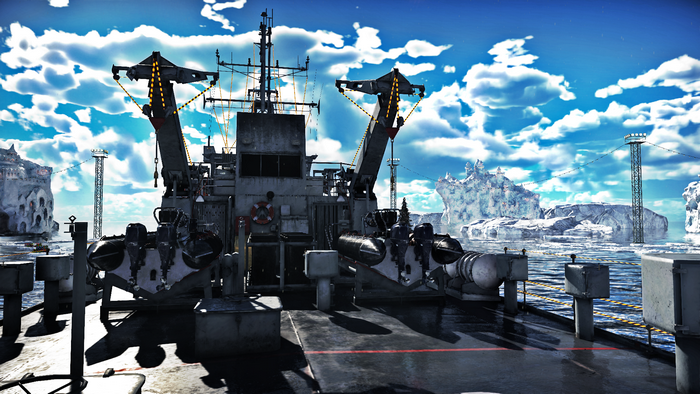 Warship in an icy environment with cranes and icebergs