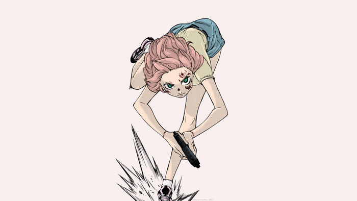 Girl with pink hair and gun