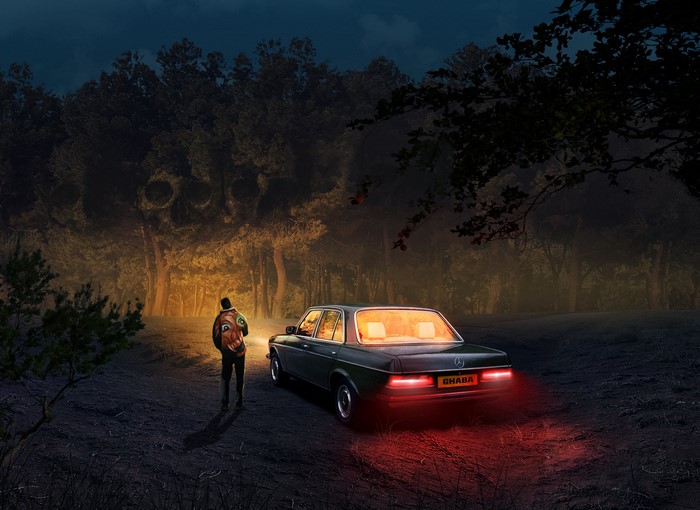 4K Artwork of a person and car in a spooky forest