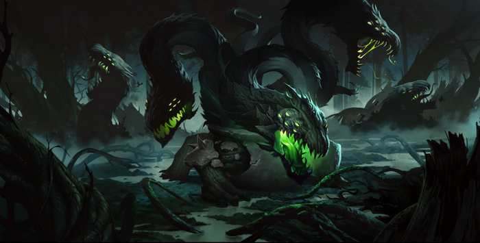 Monstrous hydra emerging from a swamp in a dark forest