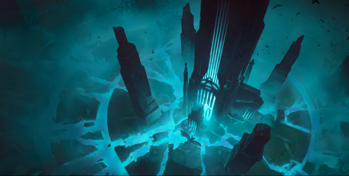 Ruined city with glowing blue water and flying creatures