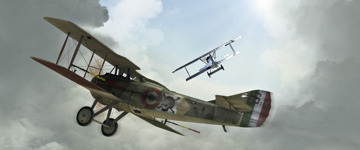 Two biplanes in the sky during a dogfight
