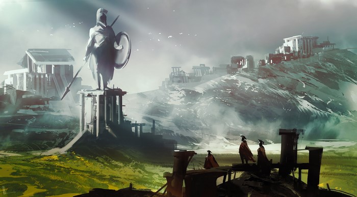 Ancient ruins with a warrior statue and figures