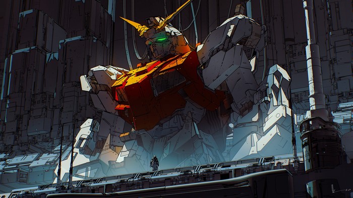 Gundam mech in a hangar by Amir Zand