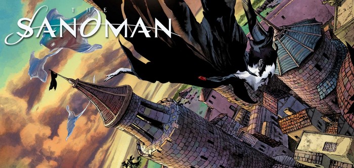 Dream from The Sandman falling over a city