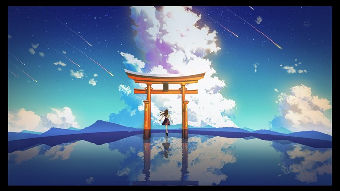 Anime girl at Torii gate with shooting stars