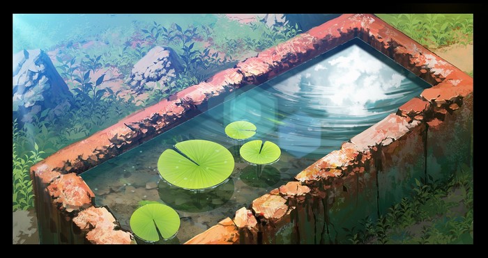 Digital art of a pond with water lilies