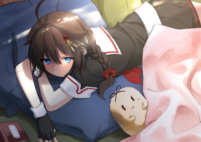 Shigure from Kantai Collection lying on pillows
