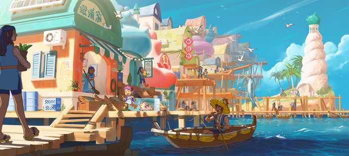 Marby Kwong artwork of a colorful fantasy village with boats and birds