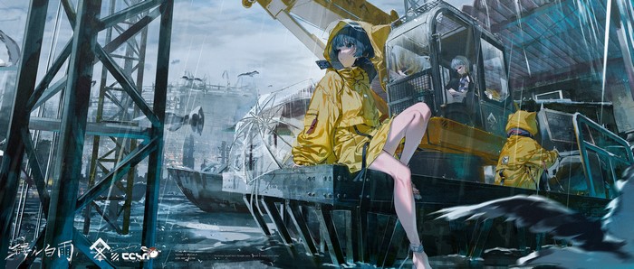 Anime girls in yellow raincoats on a boat in the rain