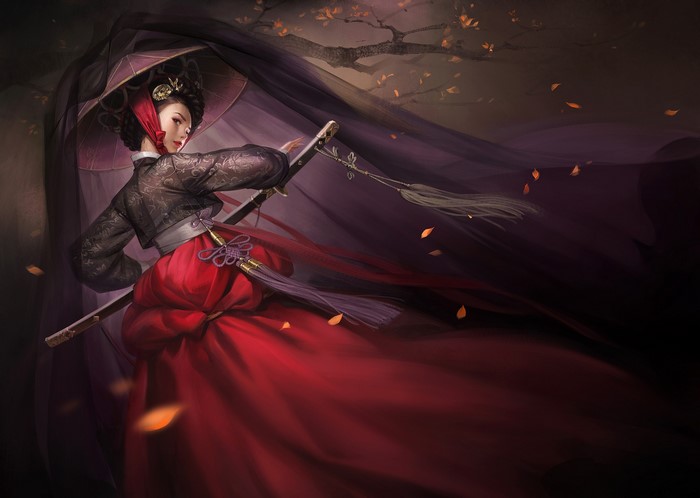 Fantasy warrior woman in Hanbok with katana