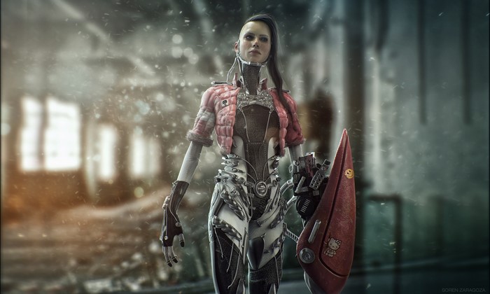 Cyborg woman with pink jacket and shield