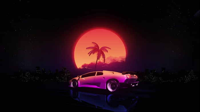 Lamborghini Diablo on a retro-futuristic night landscape