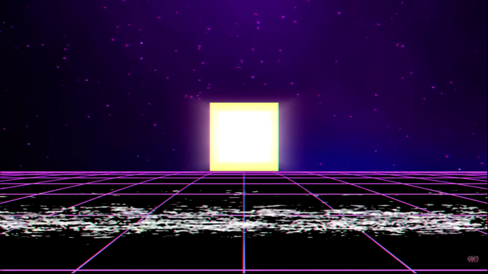 Retrowave grid with glowing portal in starry sky