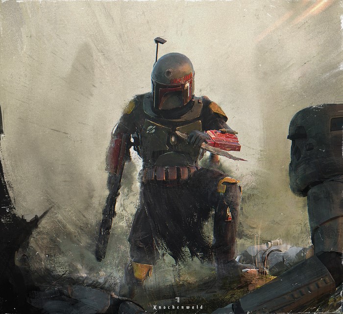 Boba Fett from Star Wars with a Stormtrooper
